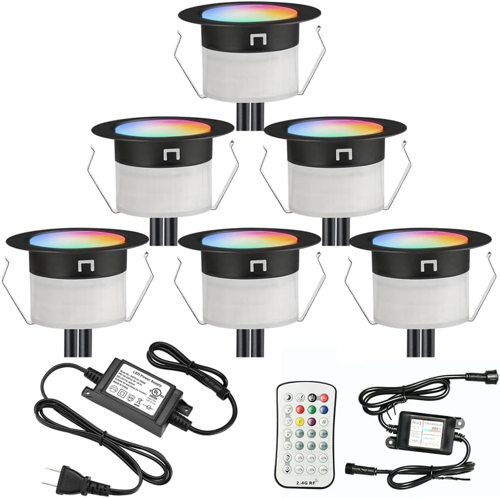 FVTLED LED Deck Lights Kit, 30pcs Φ1.22 WiFi Smart Phone Control Low Voltage Recessed RGBW Deck Lighting Waterproof Outdoor Yard Path Stair Decor, Black