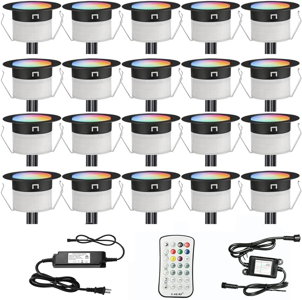 FVTLED LED Deck Lights Kit, 30pcs Φ1.22 WiFi Smart Phone Control Low Voltage Recessed RGBW Deck Lighting Waterproof Outdoor Yard Path Stair Decor, Black