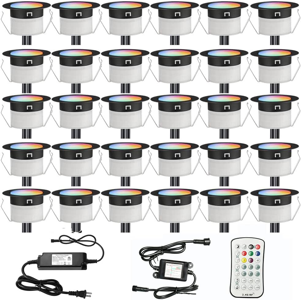 FVTLED LED Deck Lights Kit, 30pcs Φ1.22 WiFi Smart Phone Control Low Voltage Recessed RGBW Deck Lighting Waterproof Outdoor Yard Path Stair Decor, Black