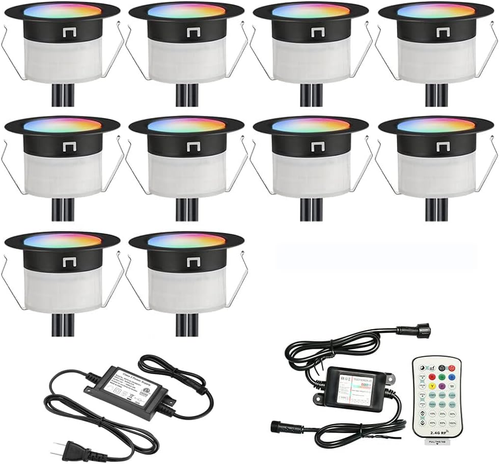 FVTLED LED Deck Lights Kit, 30pcs Φ1.22 WiFi Smart Phone Control Low Voltage Recessed RGBW Deck Lighting Waterproof Outdoor Yard Path Stair Decor, Black