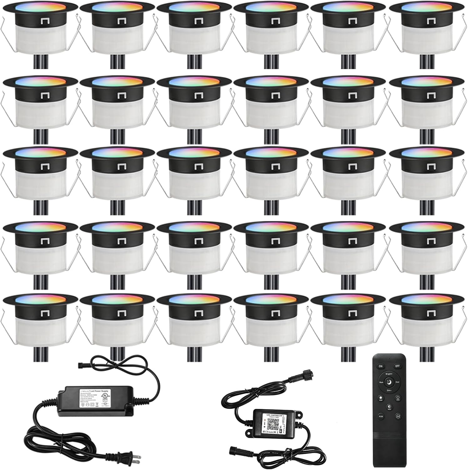 FVTLED LED Deck Lights Kit, 30pcs Φ1.22 WiFi Smart Phone Control Low Voltage Recessed RGBW Deck Lighting Waterproof Outdoor Yard Path Stair Decor, Black