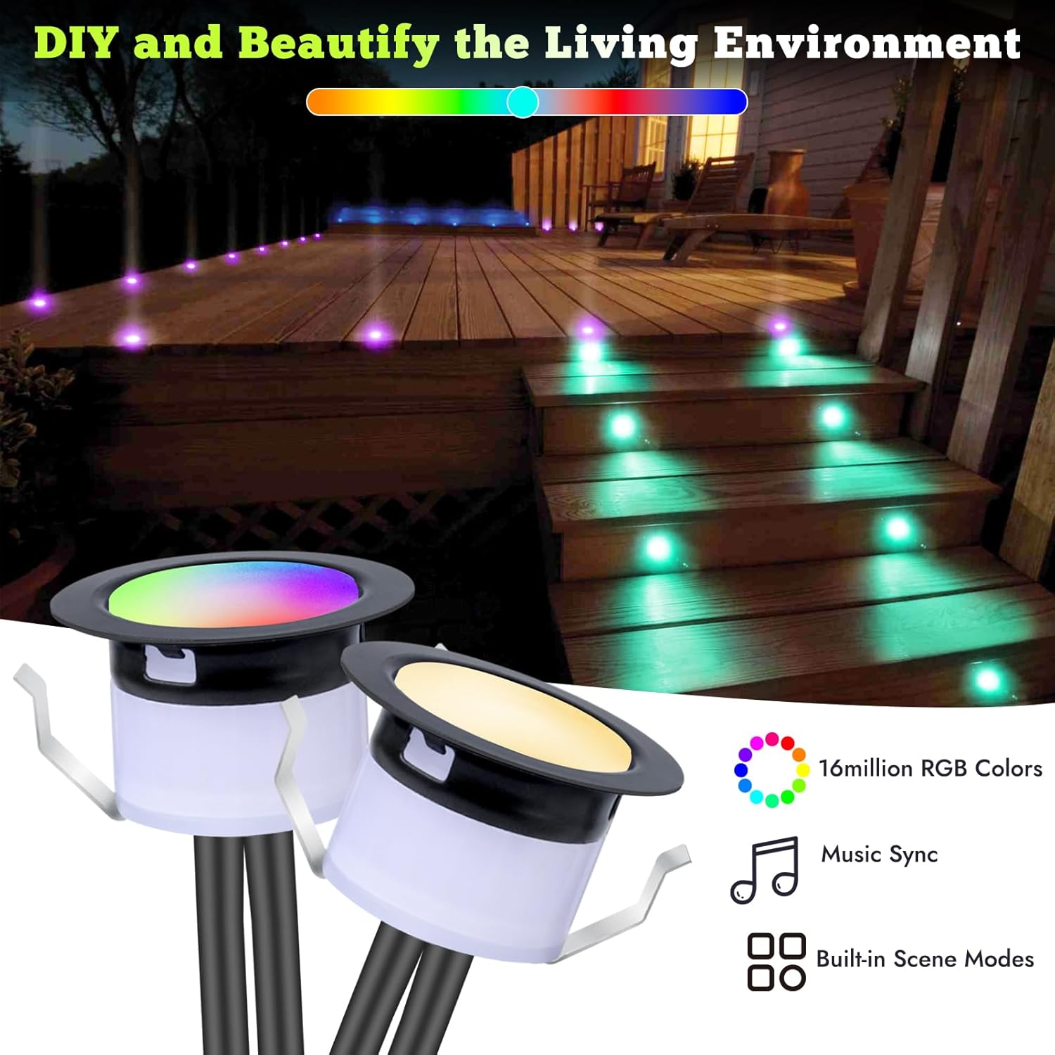 FVTLED LED Deck Lights Kit, 30pcs Φ1.22 WiFi Smart Phone Control Low Voltage Recessed RGBW Deck Lighting Waterproof Outdoor Yard Path Stair Decor, Black