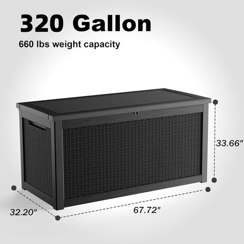 320 Gallon Waterproof Outdoor Storage Box, UV Resistant Resin Deck Box with Hydraulic Rod for Reinforced Stability, Perfect for Patio, Garden, and Pool, Black