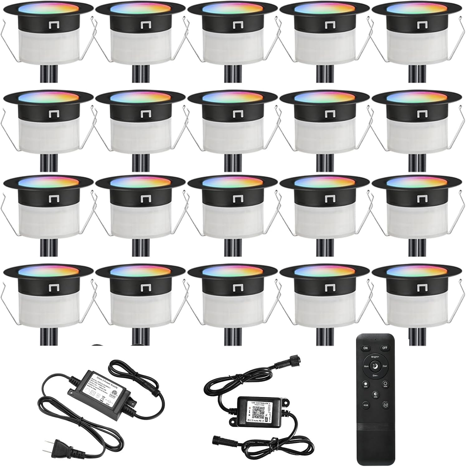 FVTLED LED Deck Lights Kit, 30pcs Φ1.22 WiFi Smart Phone Control Low Voltage Recessed RGBW Deck Lighting Waterproof Outdoor Yard Path Stair Decor, Black