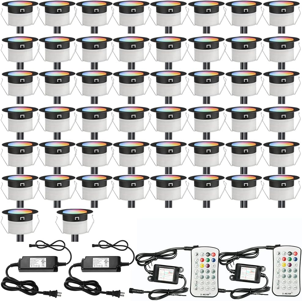 FVTLED LED Deck Lights Kit, 30pcs Φ1.22 WiFi Smart Phone Control Low Voltage Recessed RGBW Deck Lighting Waterproof Outdoor Yard Path Stair Decor, Black
