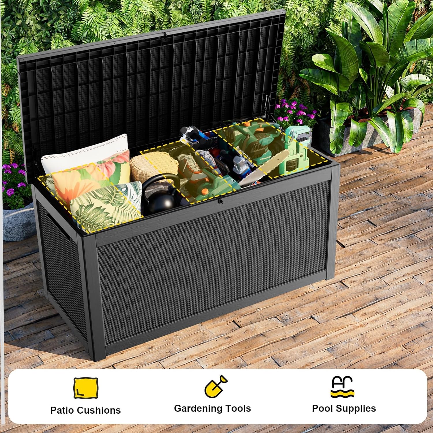 320 Gallon Waterproof Outdoor Storage Box, UV Resistant Resin Deck Box with Hydraulic Rod for Reinforced Stability, Perfect for Patio, Garden, and Pool, Black